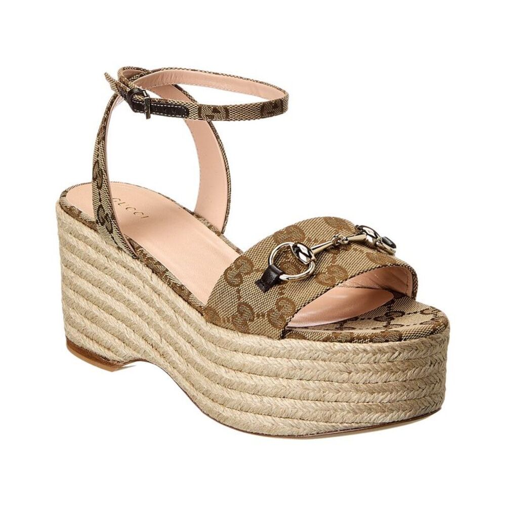 Gucci Horsebit Gg Canvas Wedge Sandal, Beige